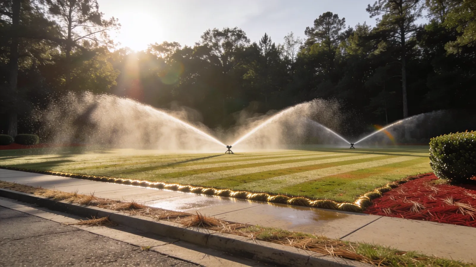 Sprinkler heads watering a striped lawn at sunrise